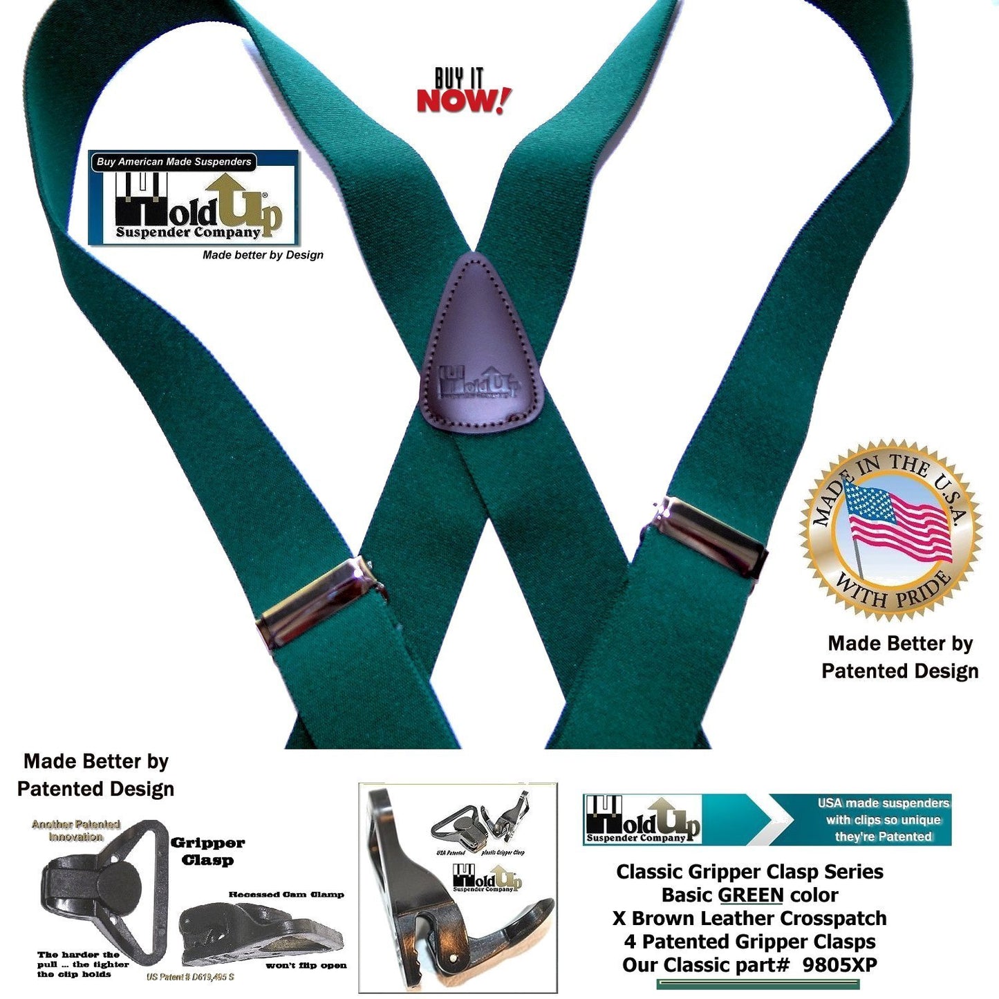 HoldUp Brand Dark Green Xback Classic Series Holdup Gripper Clasps Suspenders