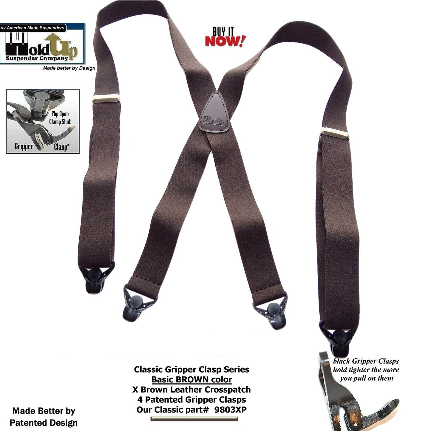 HoldUp Brand Basic Brown X-back Classic Series Holdup Suspenders with gripper clasps