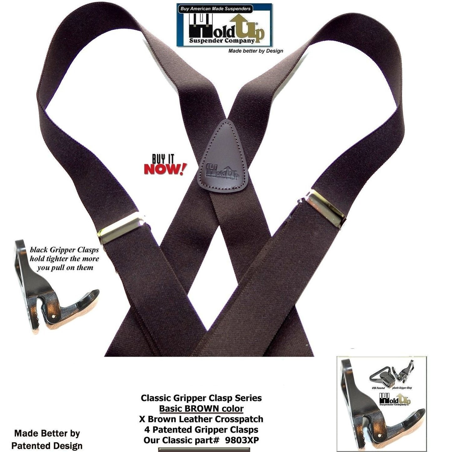 HoldUp Brand Basic Brown X-back Classic Series Holdup Suspenders with gripper clasps