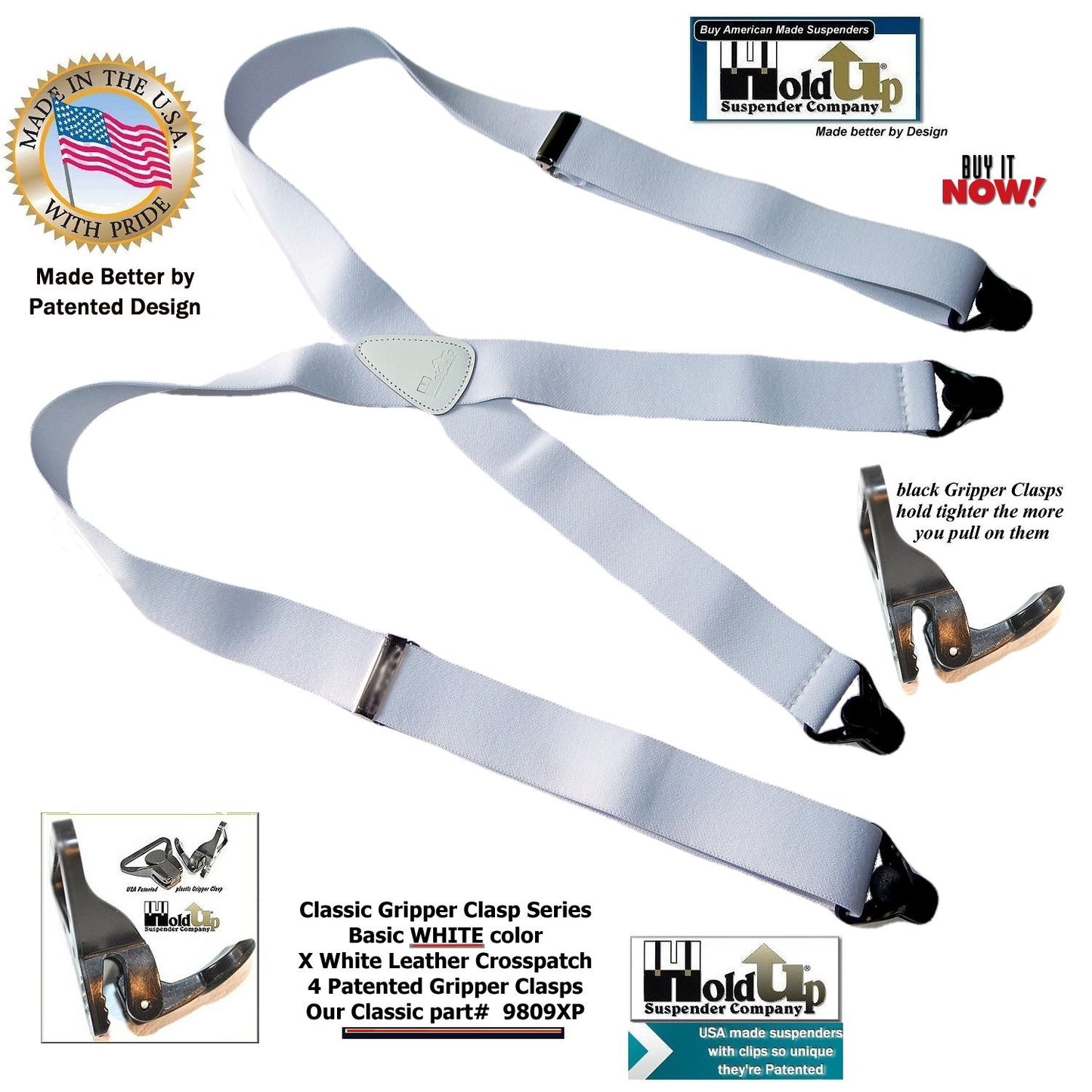 Holdup Brand Classic Series Basic White X-back Suspenders With Black Gripper Clasps