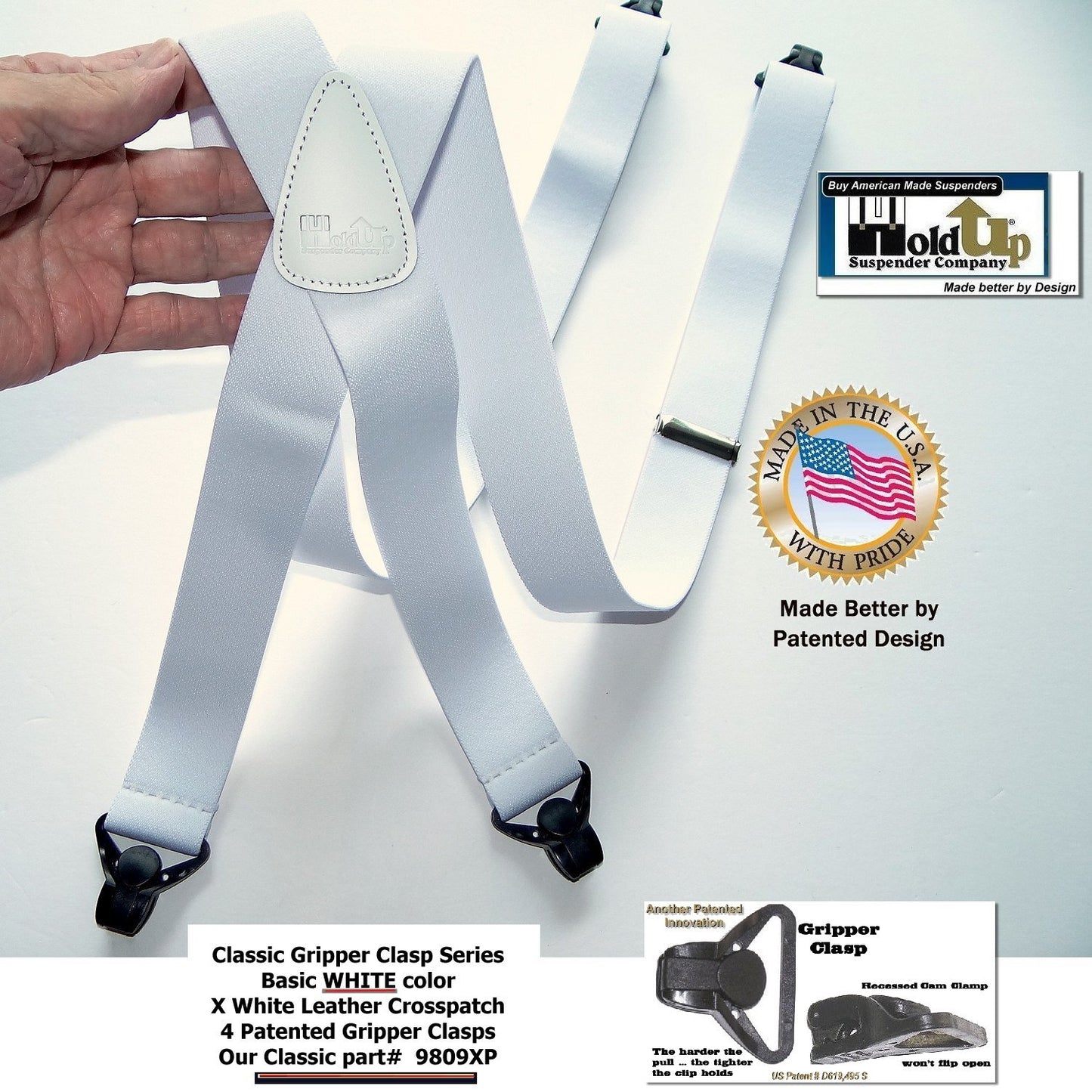 Holdup Brand Classic Series Basic White X-back Suspenders With Black Gripper Clasps