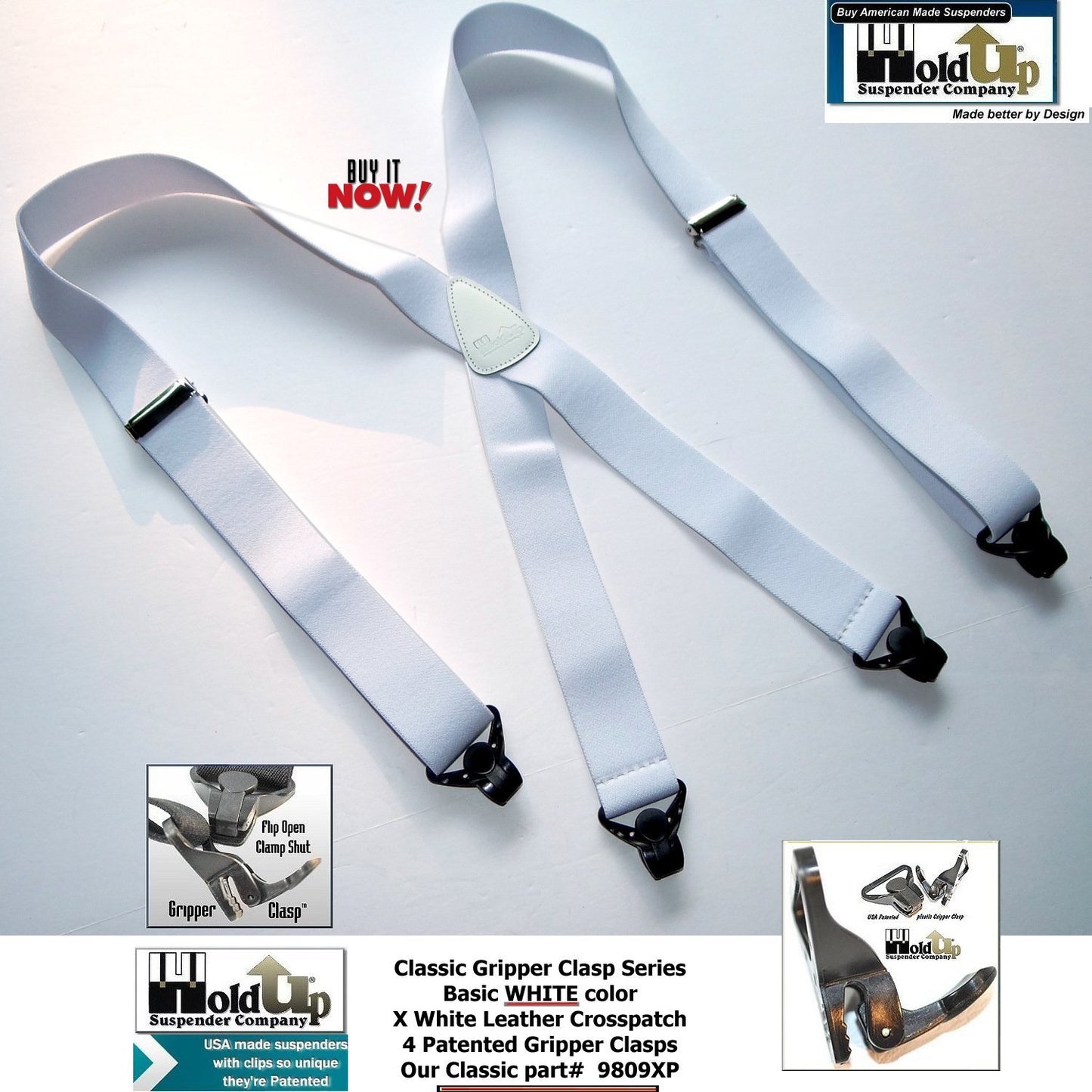 Holdup Brand Classic Series Basic White X-back Suspenders With Black Gripper Clasps