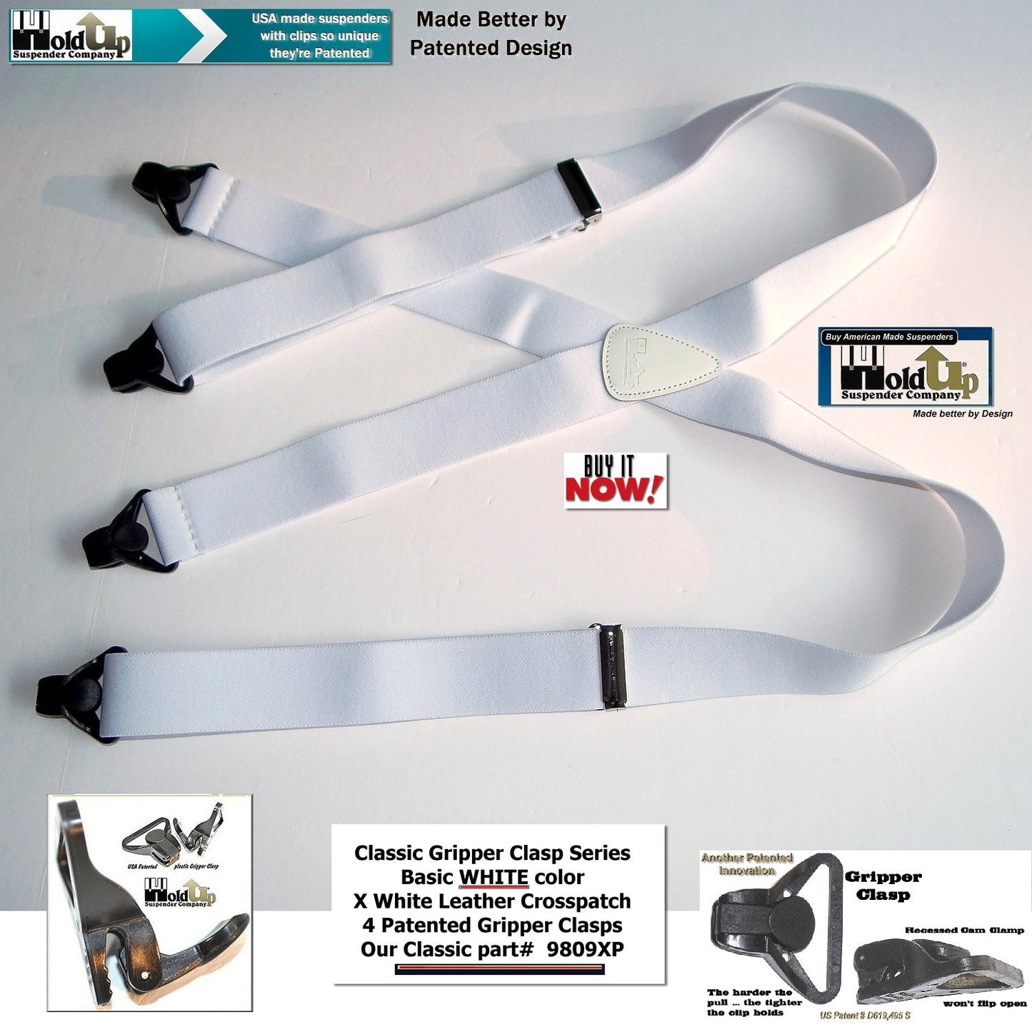 Holdup Brand Classic Series Basic White X-back Suspenders With Black Gripper Clasps