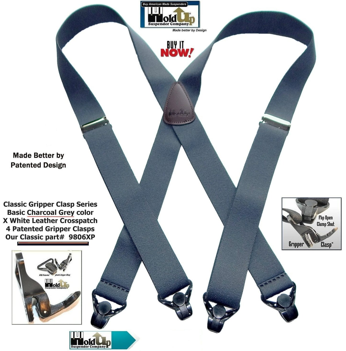 Holdup Brand Charcoal Grey X-back Classic Series Suspenders With Black Gripper Clasps