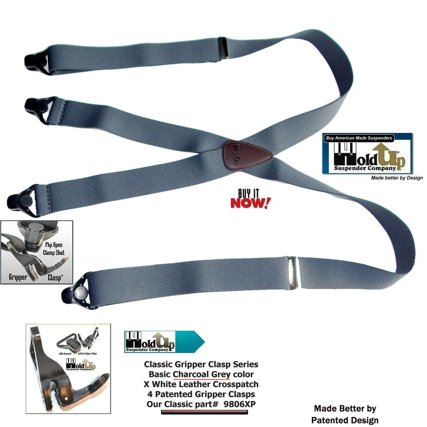 Holdup Brand Charcoal Grey X-back Classic Series Suspenders With Black Gripper Clasps