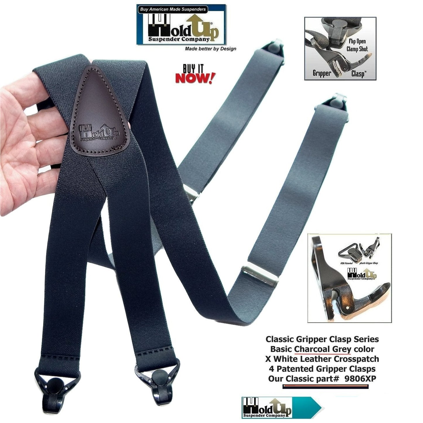 Holdup Brand Charcoal Grey X-back Classic Series Suspenders With Black Gripper Clasps