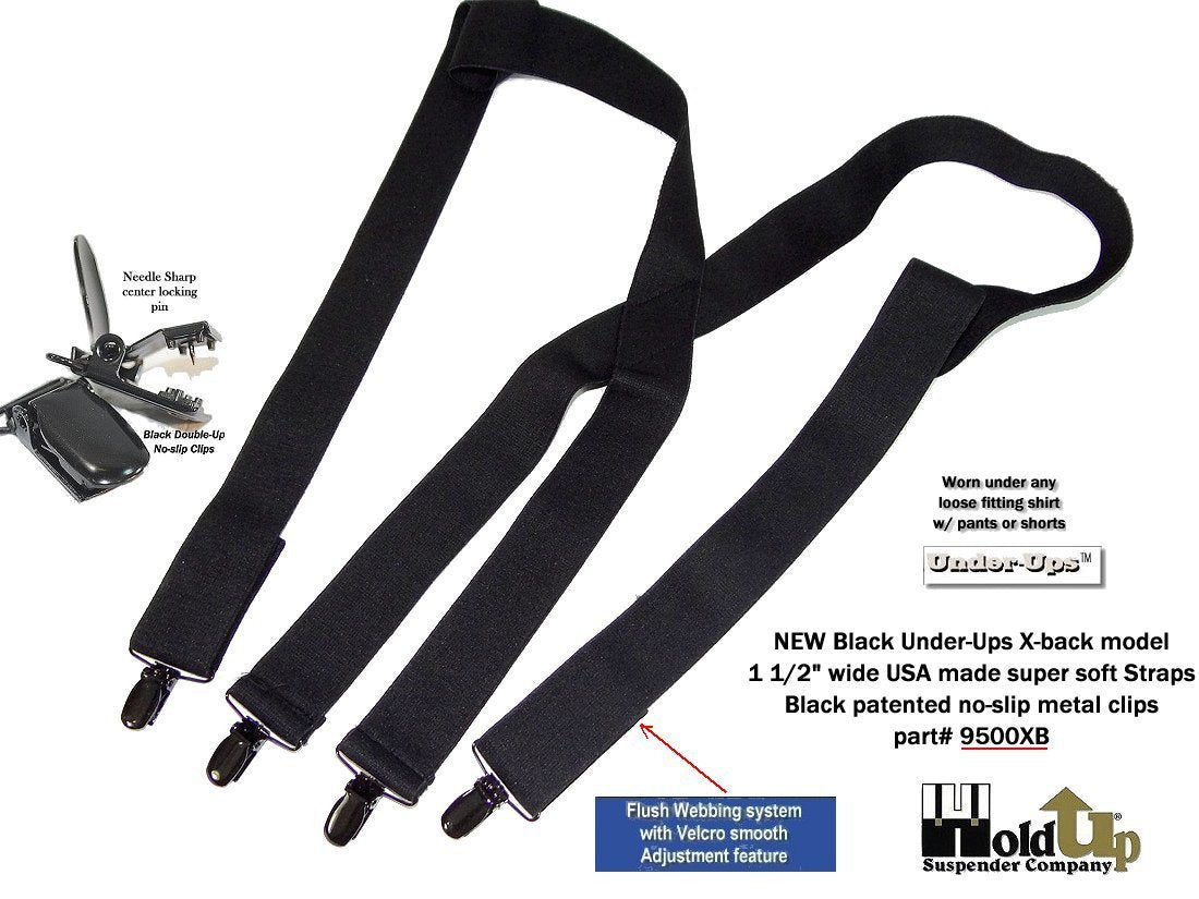 All Black Hidden Undergarment Suspenders 1 1/2" wide 48"long, X-back style with No-slip Clips