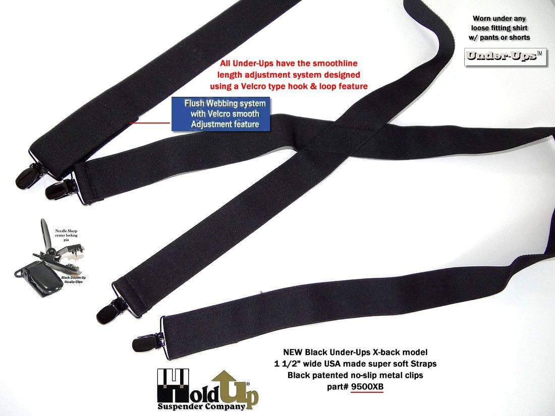 All Black Hidden Undergarment Suspenders 1 1/2" wide 48"long, X-back style with No-slip Clips