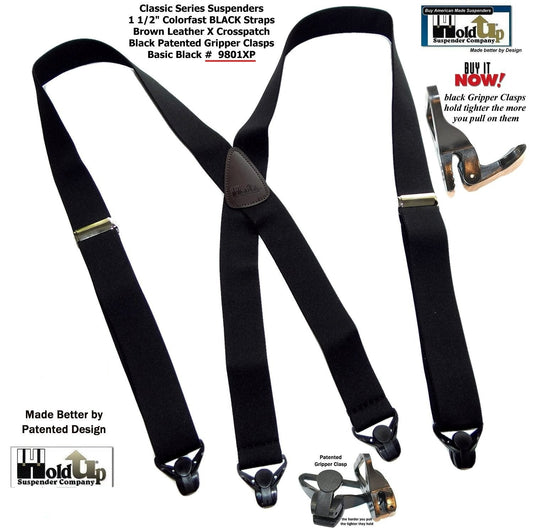 Holdup Brand Classic Series Basic Black X-back Suspenders With Black Gripper Clasps