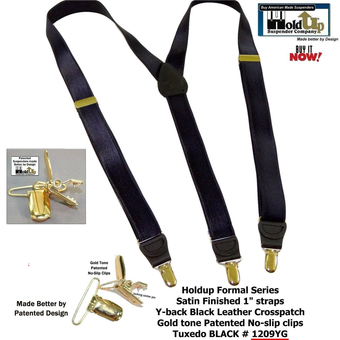 Holdup Brand Black Formal Series 1" Satin Finished Suspenders in Y-back with Gold No-slip Clips