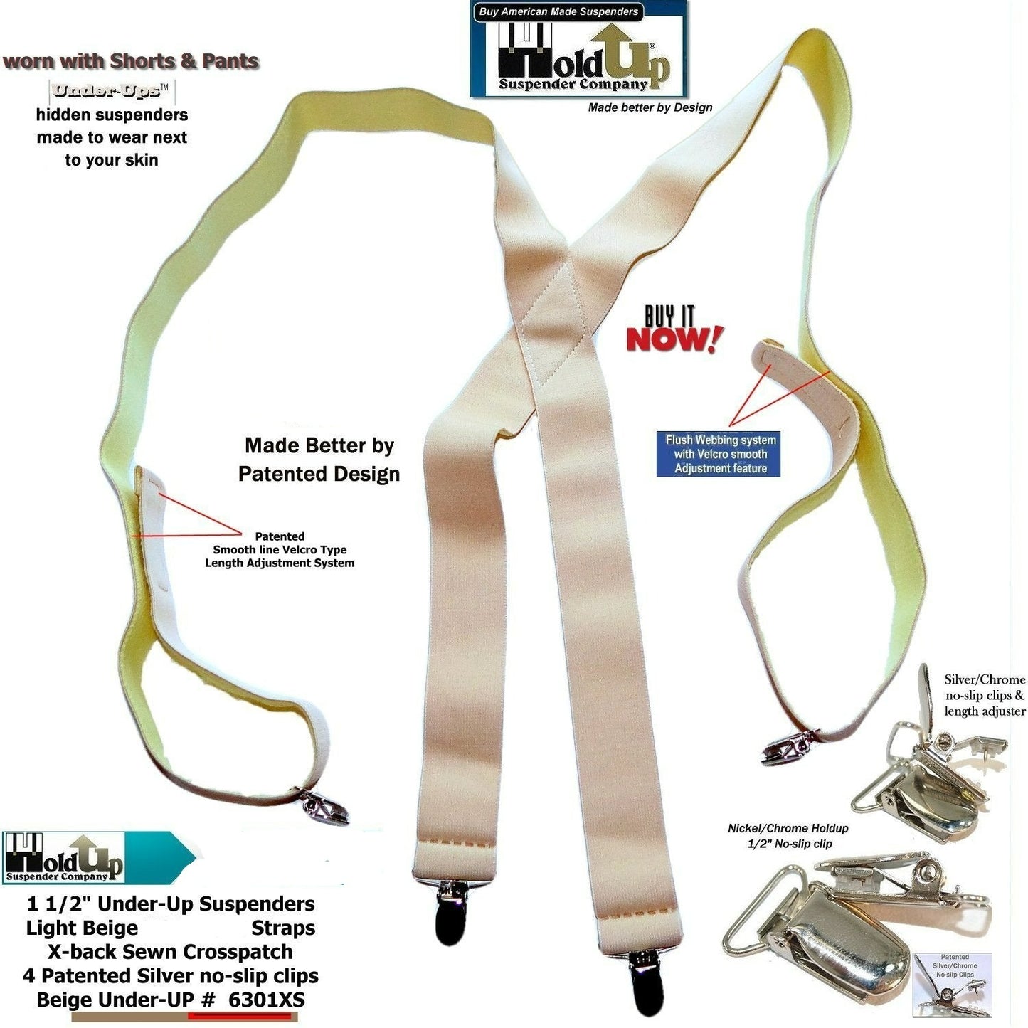 Hold-Ups 1 1/2" Wide Hidden Undergarment Suspenders In X-back Style With USA patented No-slip Silver Clips