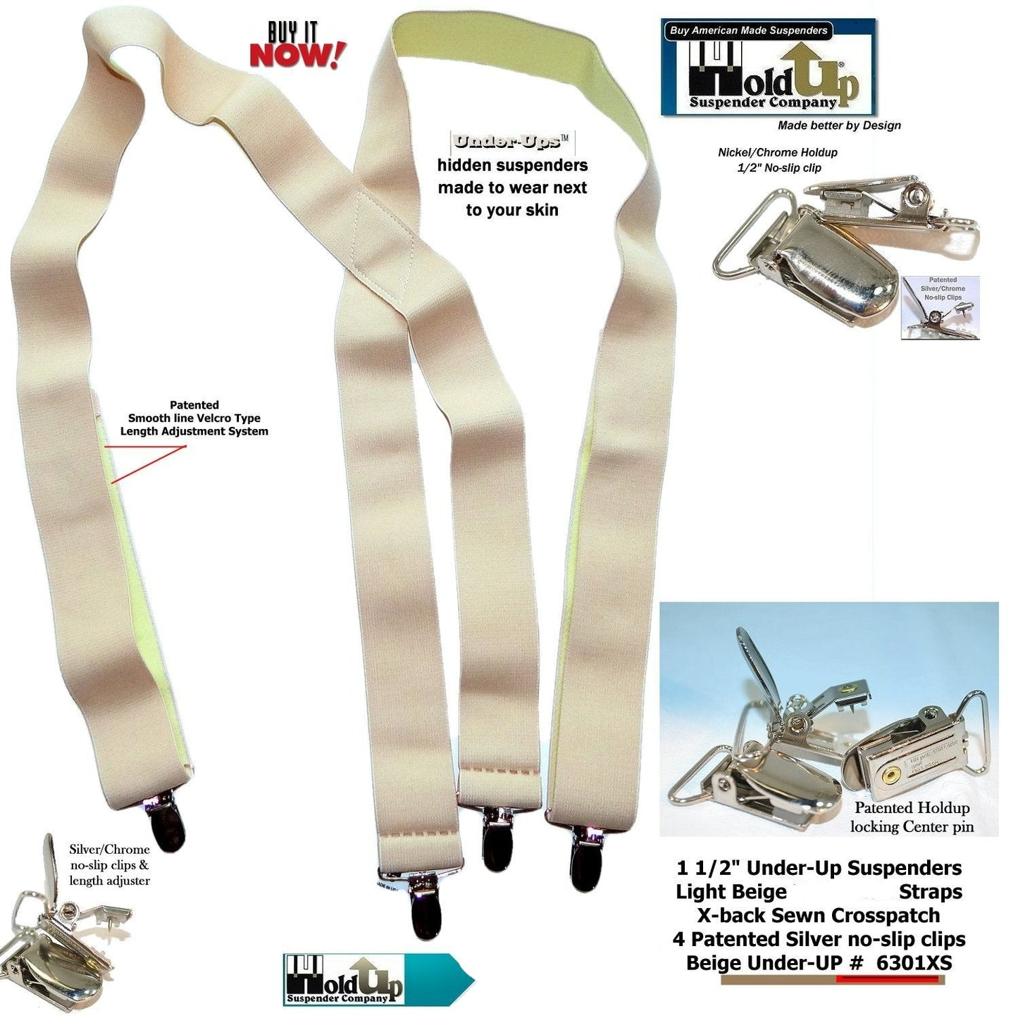 Hold-Ups 1 1/2" Wide Hidden Undergarment Suspenders In X-back Style With USA patented No-slip Silver Clips