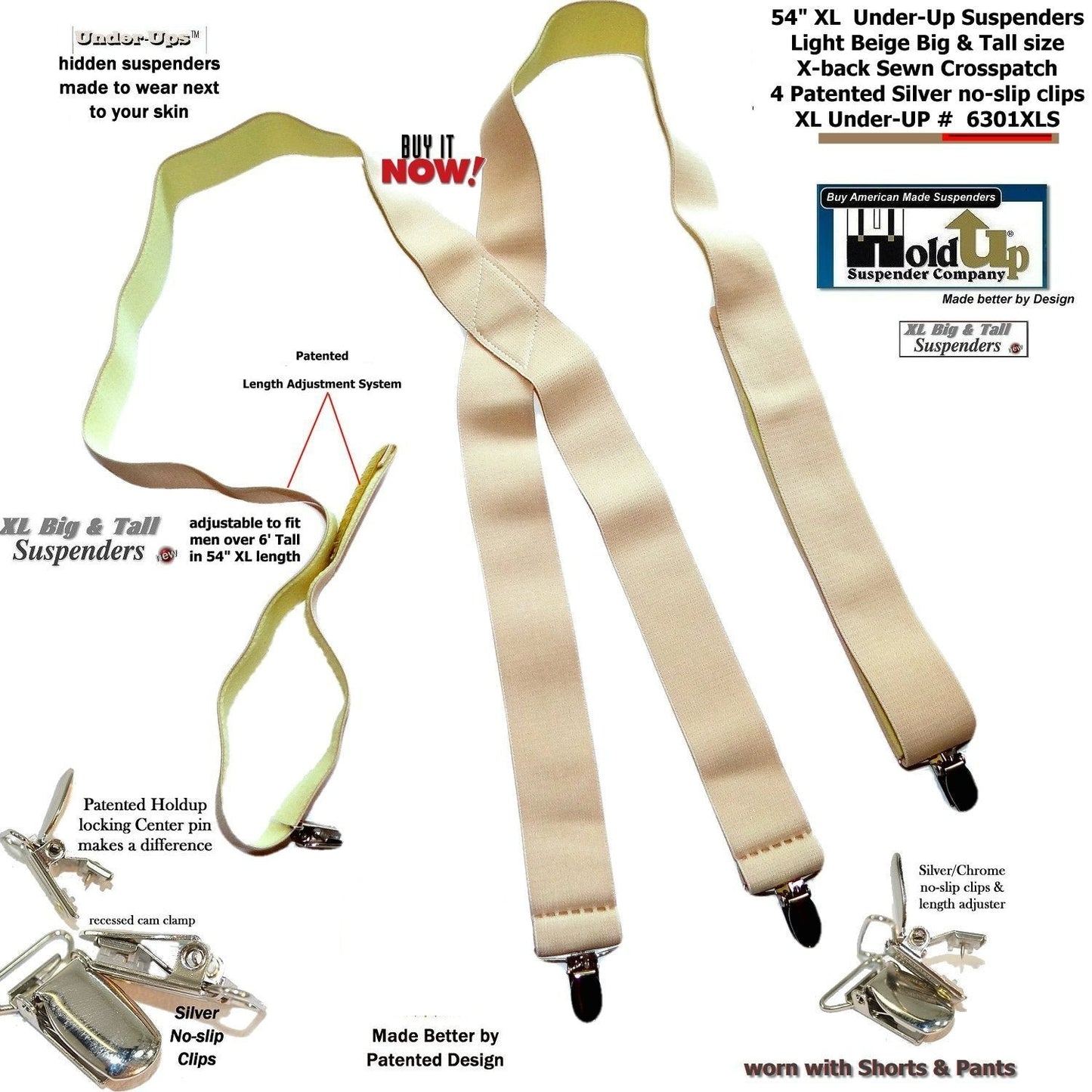 Beige Invisible Undergarment Suspenders 1 1/2" Wide XL in X-back Style w/ No-slip Metal Clips