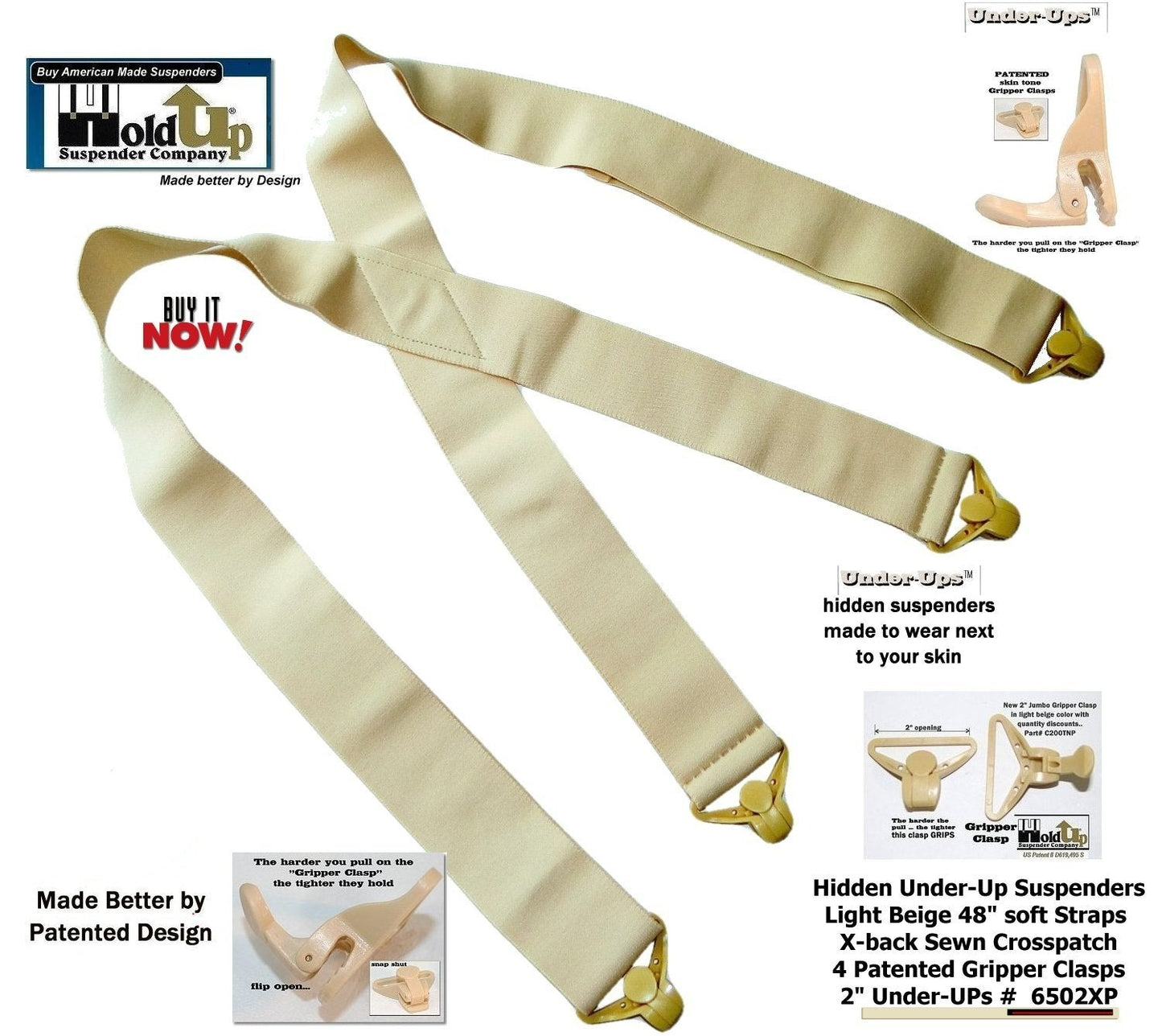 HoldUps Under-Up Series Tan Suspenders with USA Patented Jumbo Gripper Clasps