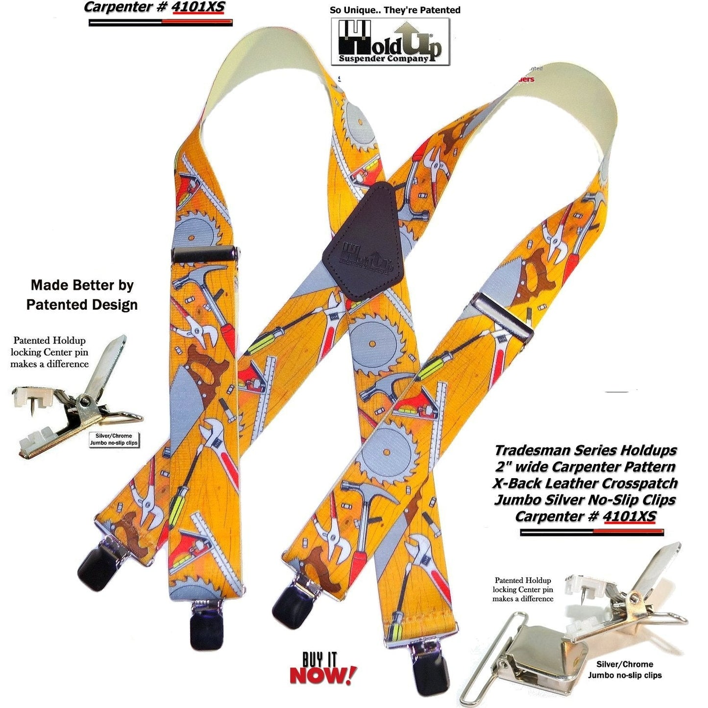 Holdup Tradesman Series Work Suspenders In Carpenter Pattern With USA Patented Jumbo No-slip Clips