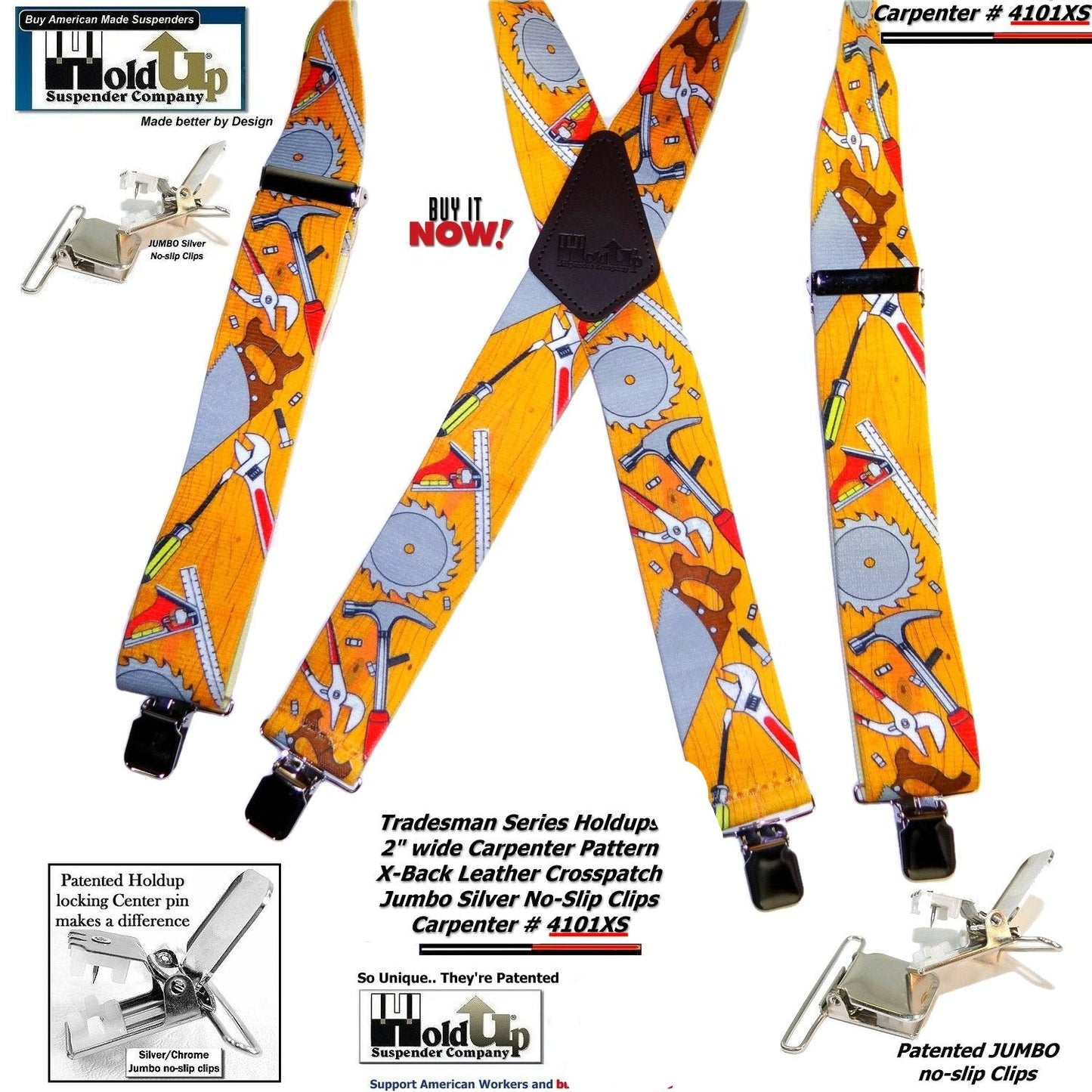 Holdup Tradesman Series Work Suspenders In Carpenter Pattern With USA Patented Jumbo No-slip Clips