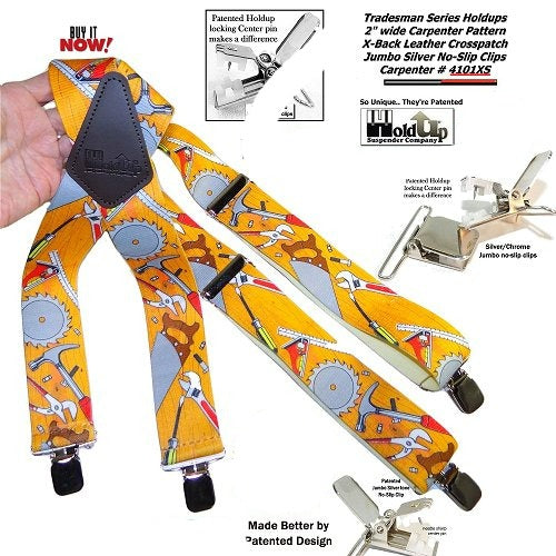 Holdup Tradesman Series Work Suspenders In Carpenter Pattern With USA Patented Jumbo No-slip Clips