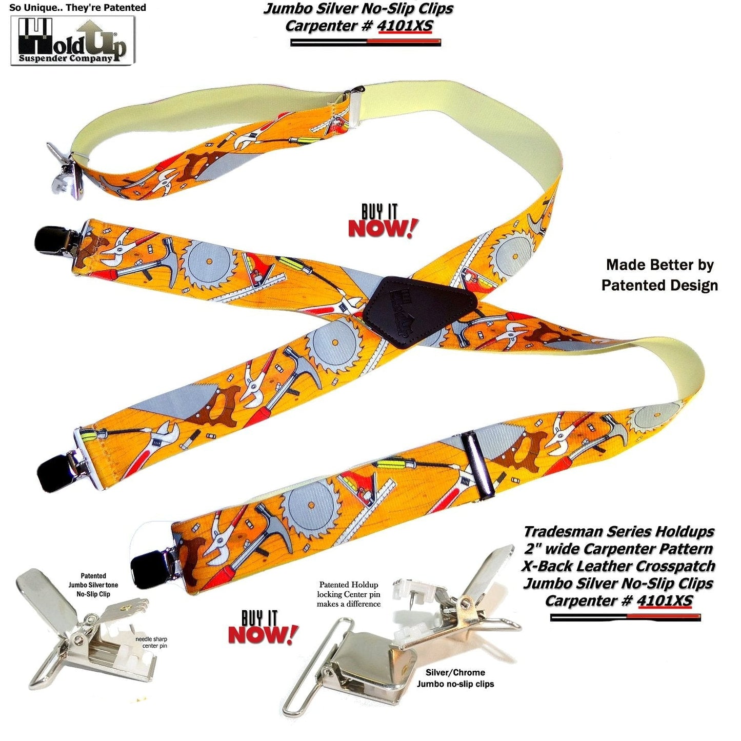 Holdup Tradesman Series Work Suspenders In Carpenter Pattern With USA Patented Jumbo No-slip Clips