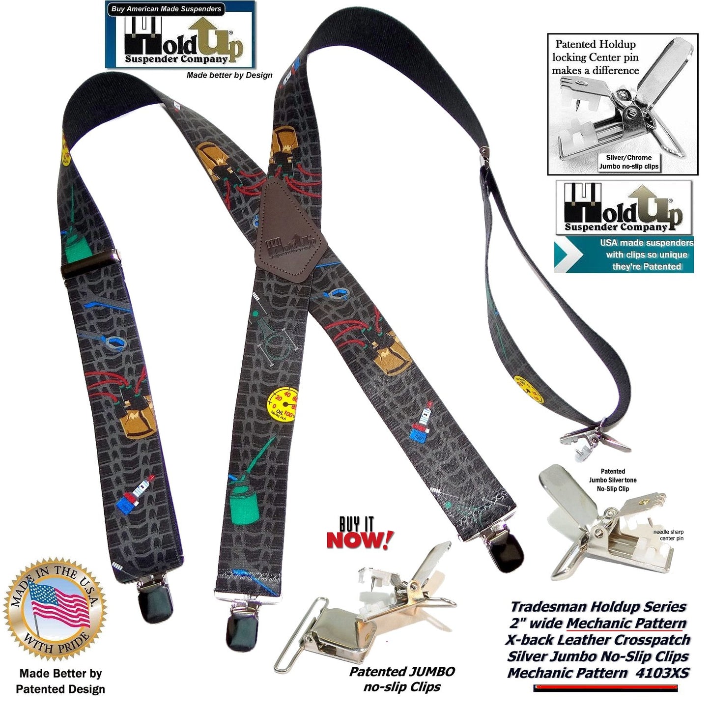 Hold-Ups Tradesman Series 2" Wide in Mechanic Pattern Suspenders with Patented No-slip Silver Clips