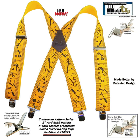 Hold-Ups Tradesman Series 2" Wide Suspenders in Yardstick Pattern with USA Patented No-slip Silver Clips