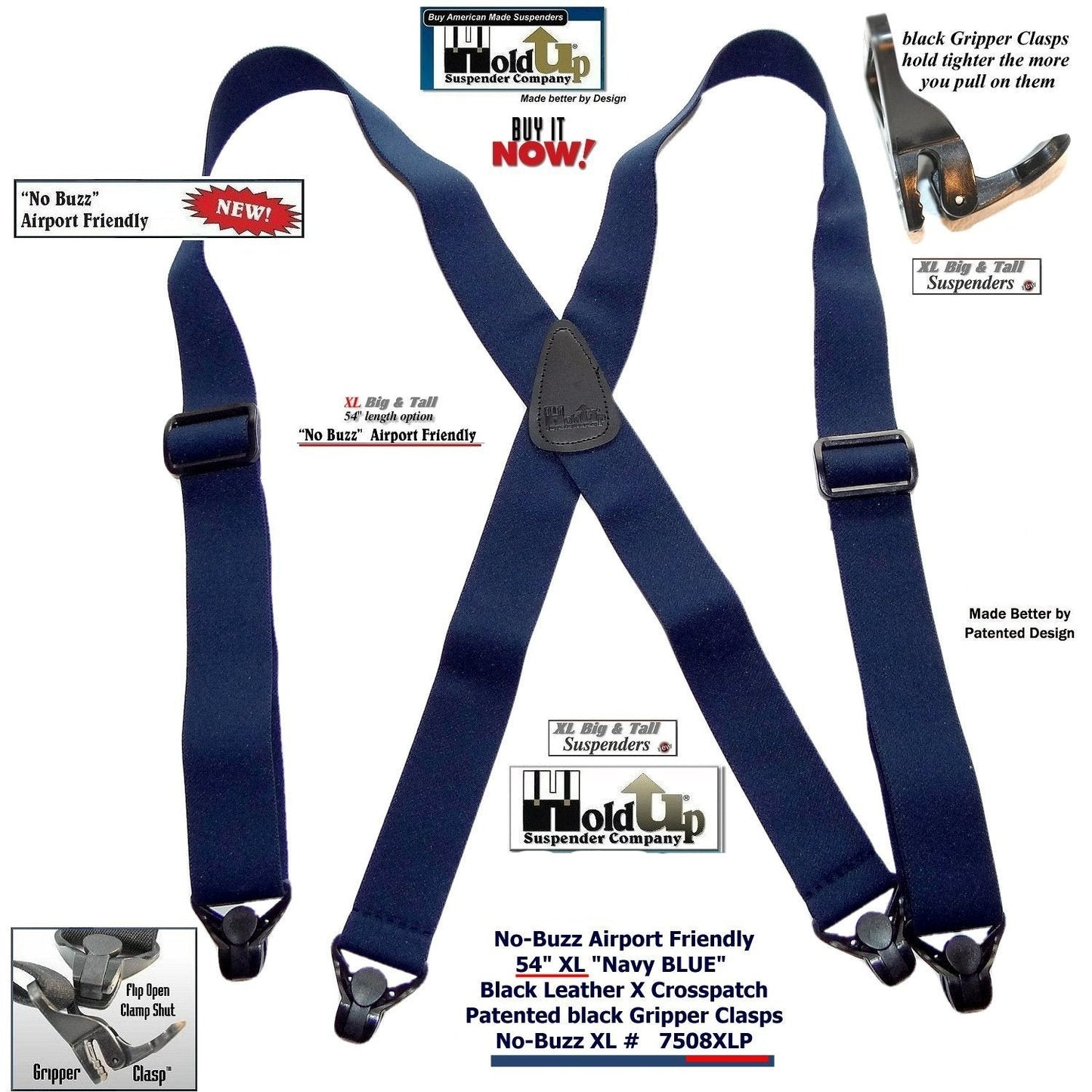 Holdup Brand No-buzz XL Airport Friendly Dark Blue X-back Suspenders with Patented Gripper Clasps