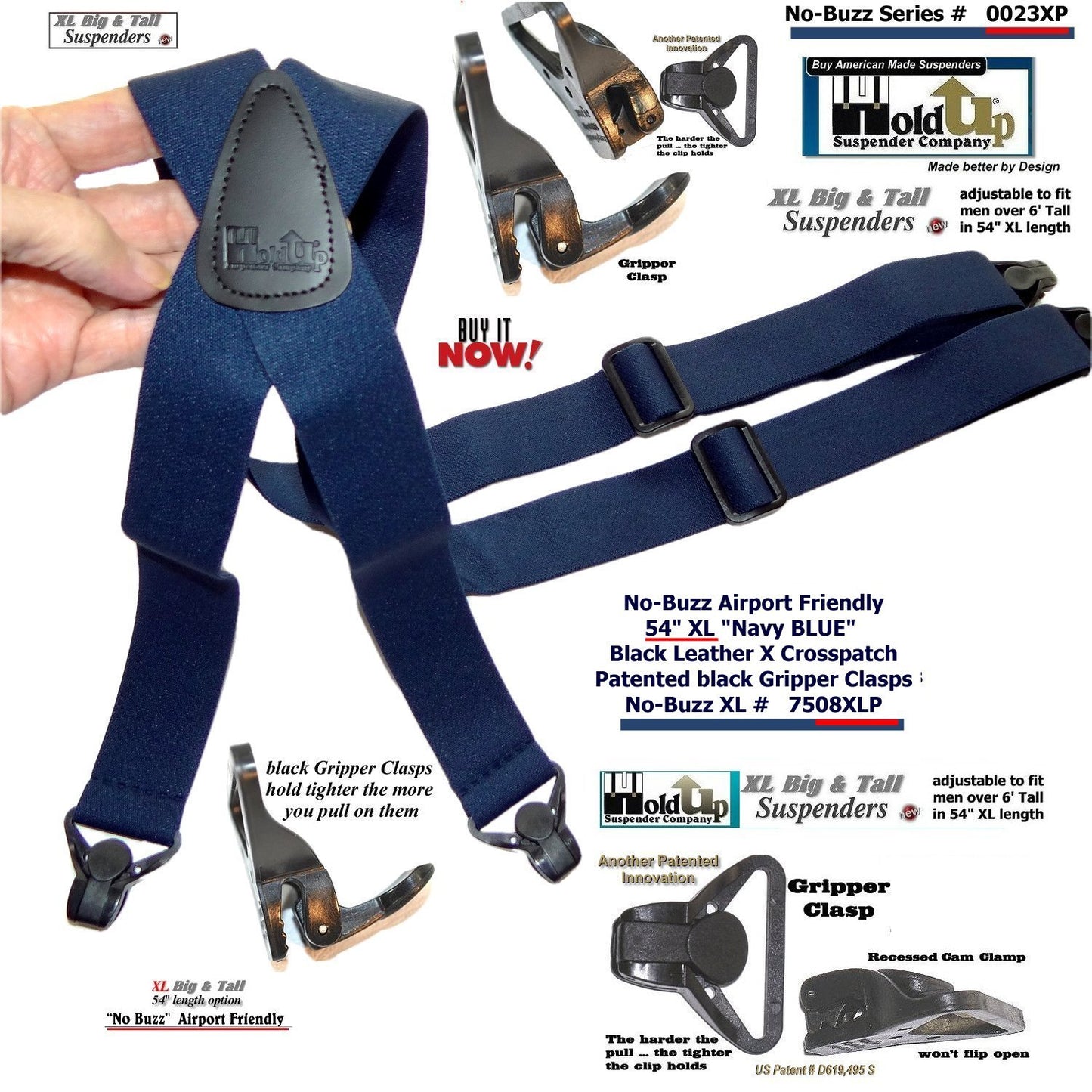 Holdup Brand No-buzz XL Airport Friendly Dark Blue X-back Suspenders with Patented Gripper Clasps