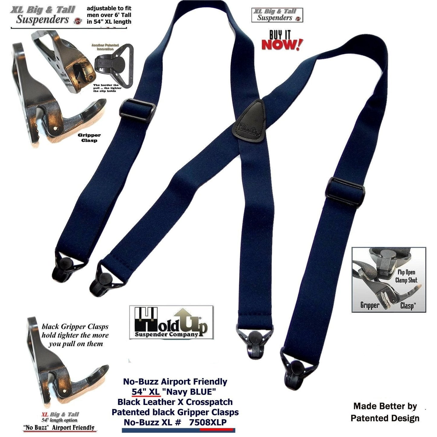 Holdup Brand No-buzz XL Airport Friendly Dark Blue X-back Suspenders with Patented Gripper Clasps