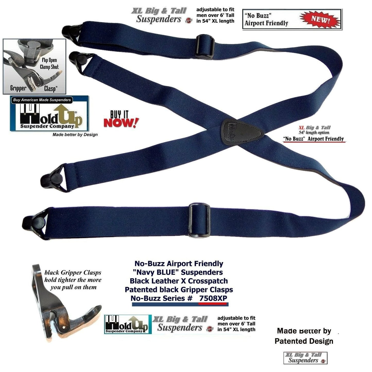 Holdup Brand No-buzz XL Airport Friendly Dark Blue X-back Suspenders with Patented Gripper Clasps