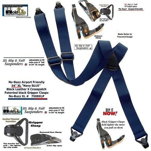 Holdup Brand No-buzz XL Airport Friendly Dark Blue X-back Suspenders with Patented Gripper Clasps