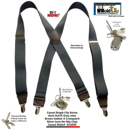 Slate Gray Hold-Ups  Casual Series Suspenders 1 1/2" wide in X-back with USA Patented No-slip Silver Clips