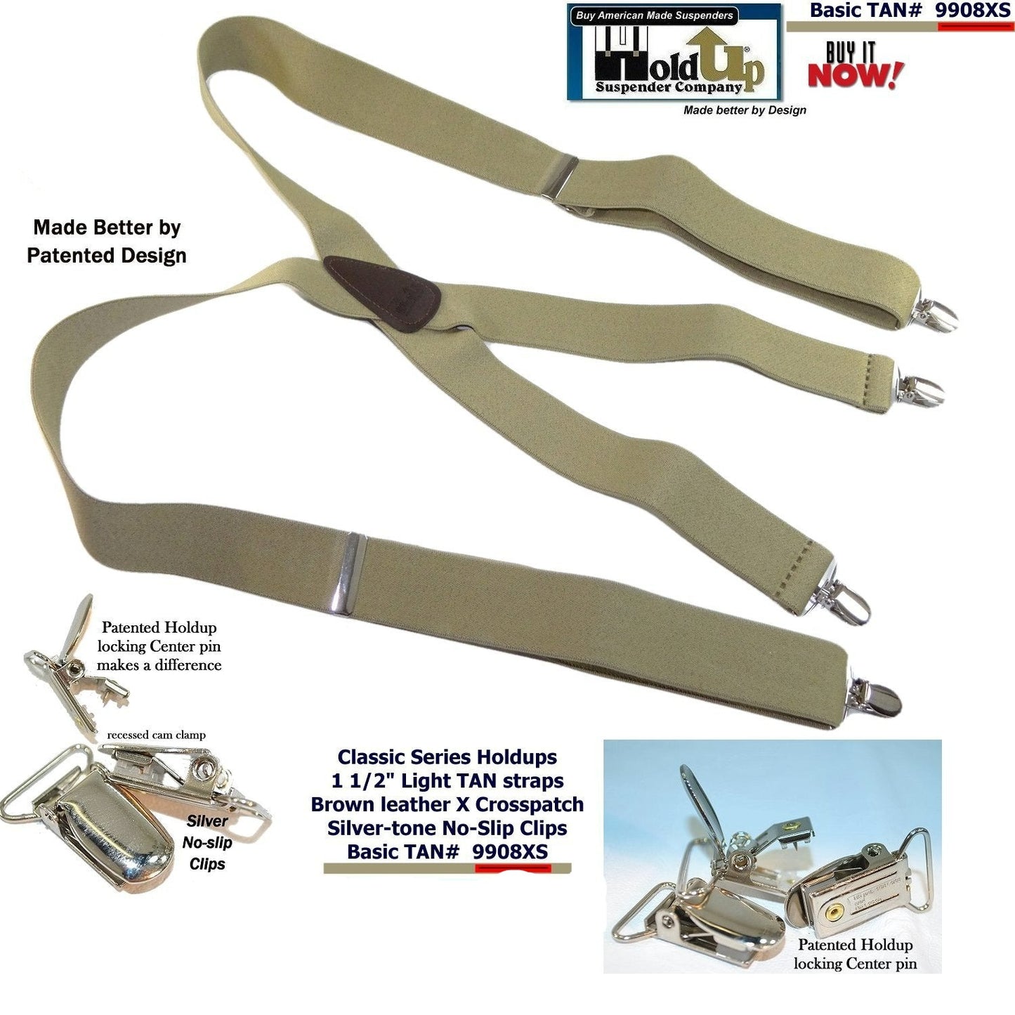 Classic Series Hold-up brand  light Tan clip-on X-back basic Suspenders with USA Patented Silver no-slip clips