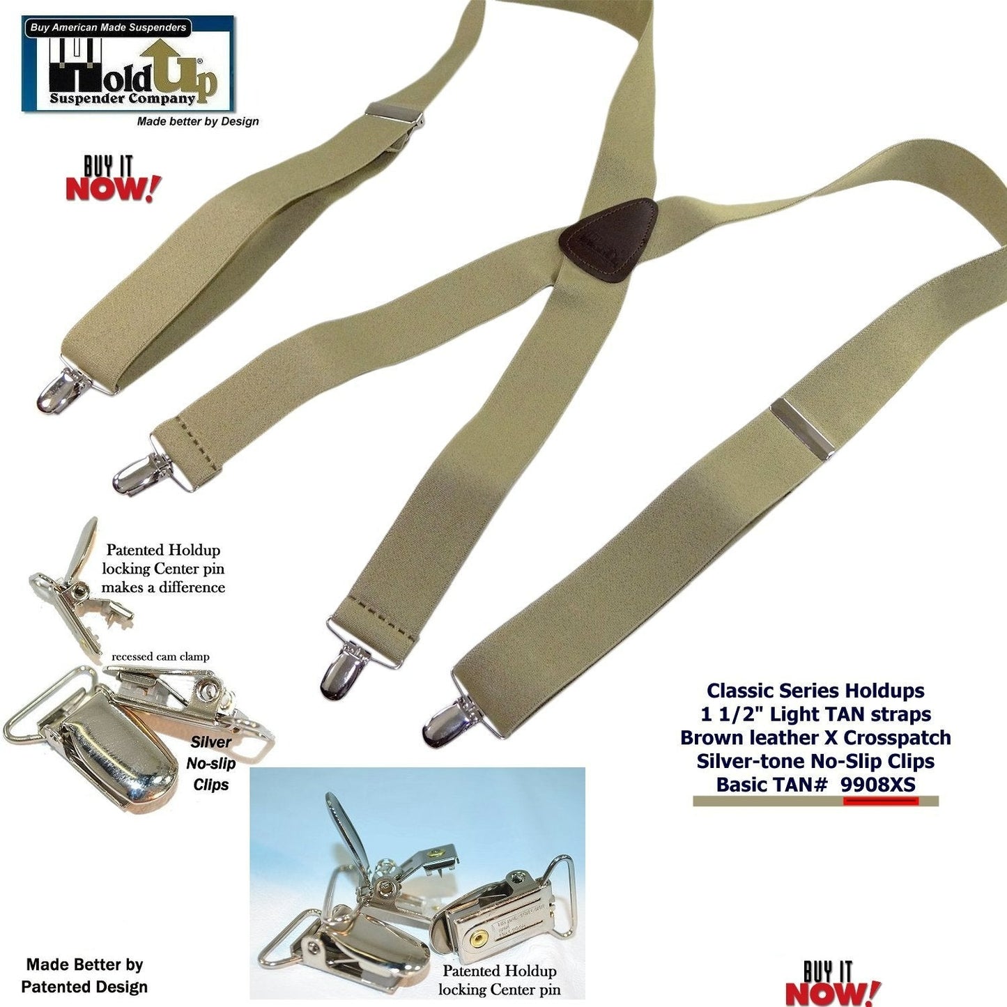 Classic Series Hold-up brand  light Tan clip-on X-back basic Suspenders with USA Patented Silver no-slip clips