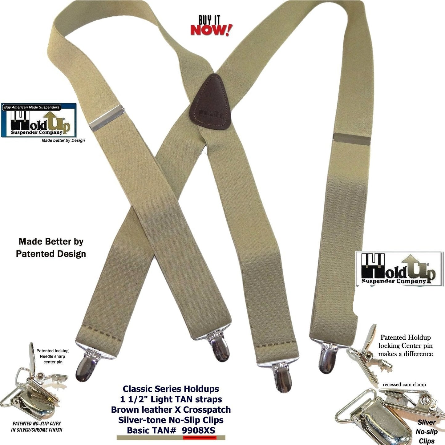 Classic Series Hold-up brand  light Tan clip-on X-back basic Suspenders with USA Patented Silver no-slip clips