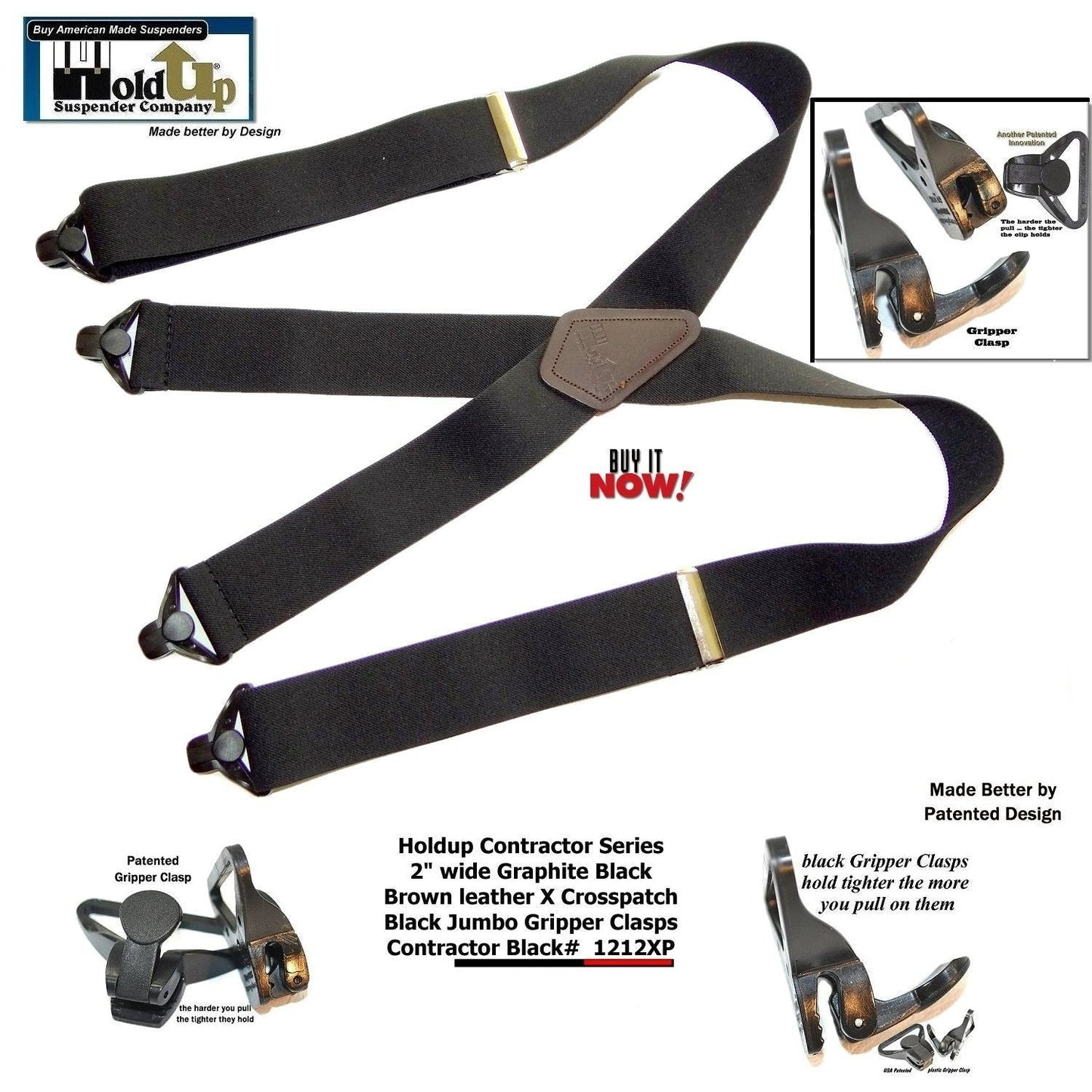 Holdup Brand 2" Wide Graphite Black X-back Suspenders with Patented Black Gripper Clasps