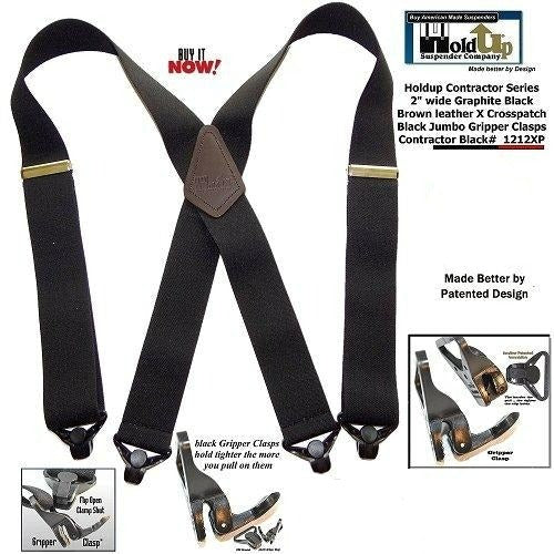 Holdup Brand 2" Wide Graphite Black X-back Suspenders with Patented Black Gripper Clasps