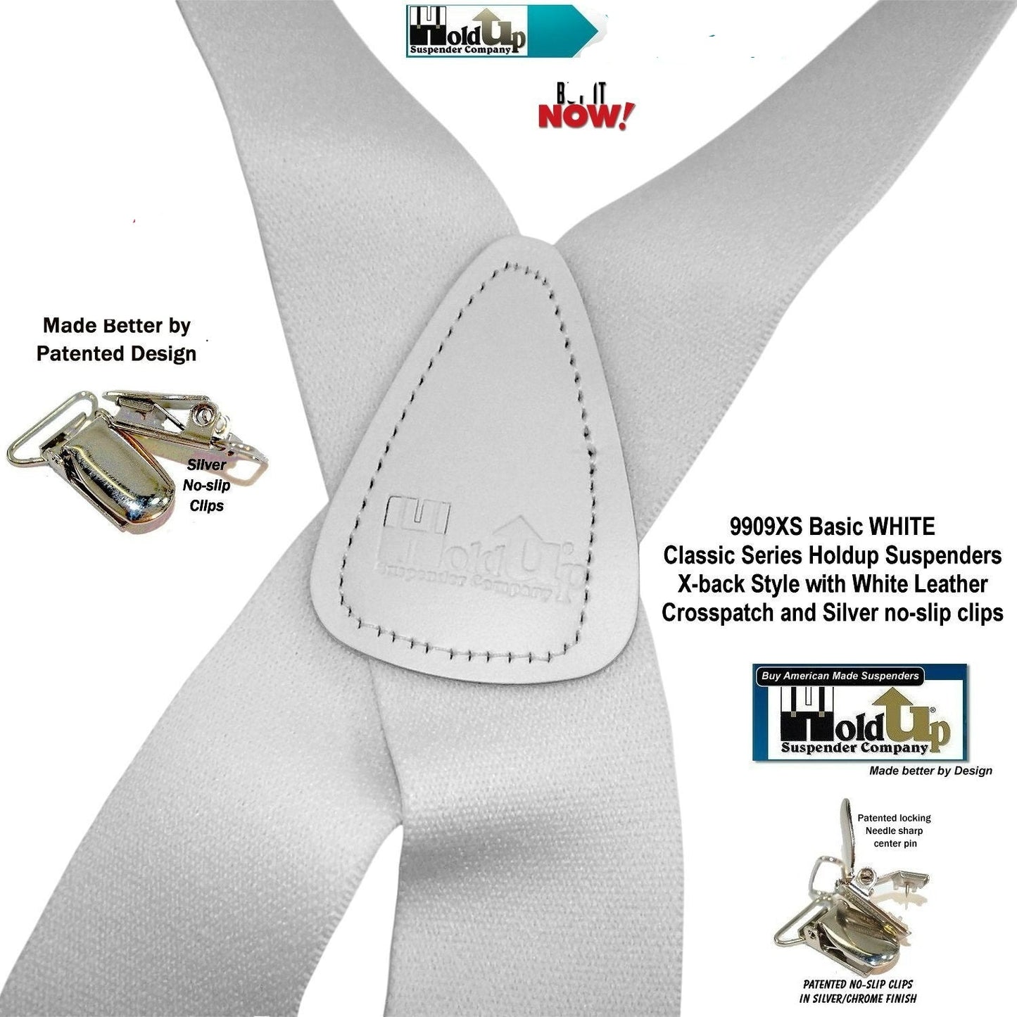 Holdup Suspender Company Classic Series All White X-back clip-on Suspenders with Patented Silver No-slip