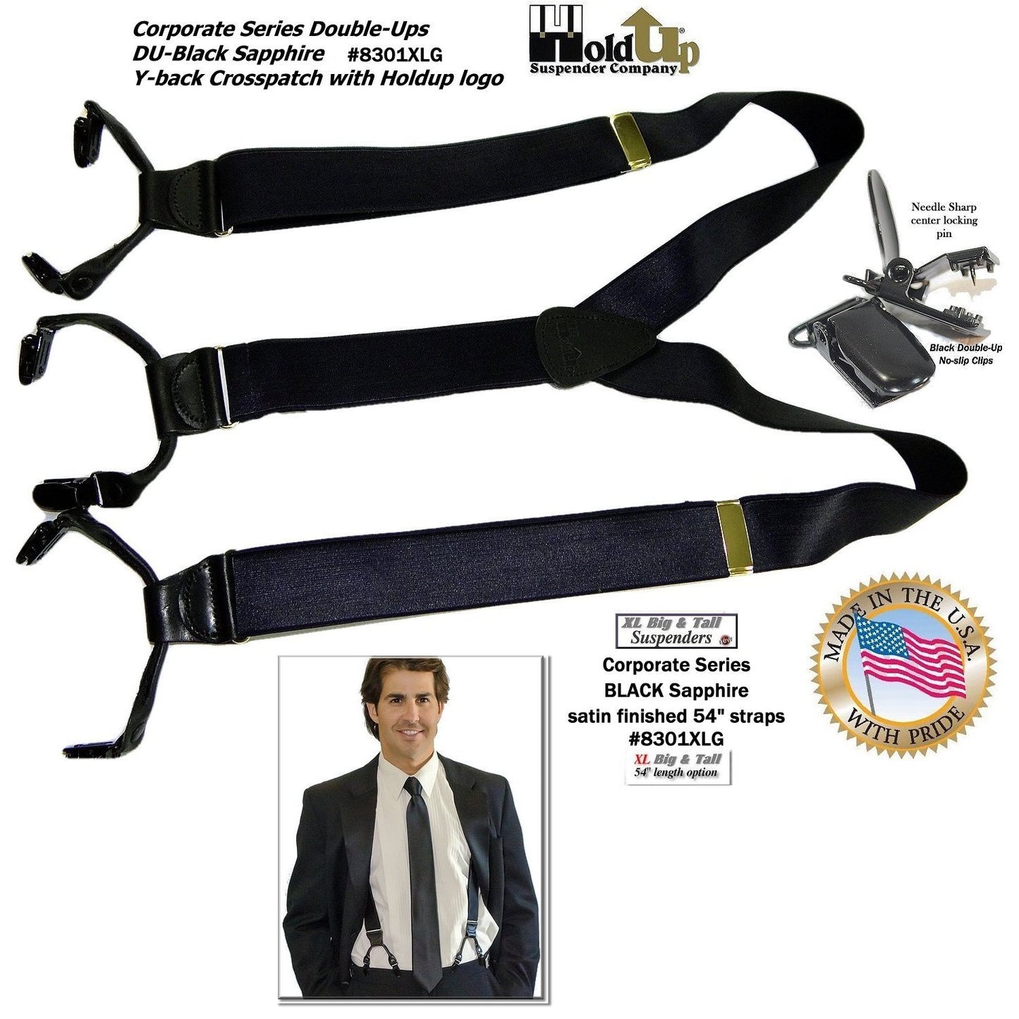 Holdup XL Corporate Series Black Sapphire Dual Clip Double-Ups style Suspenders with patented No-slip black Clips