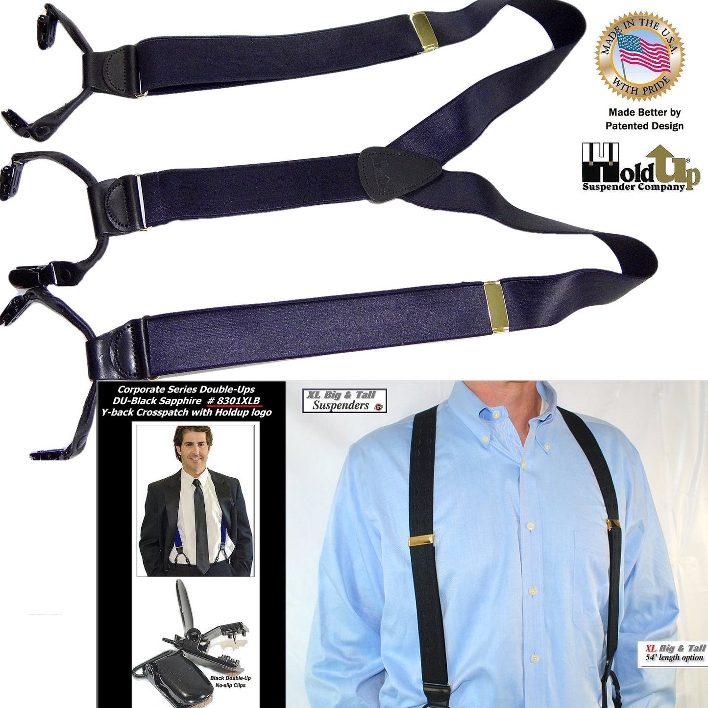 Holdup XL Corporate Series Black Sapphire Dual Clip Double-Ups style Suspenders with patented No-slip black Clips