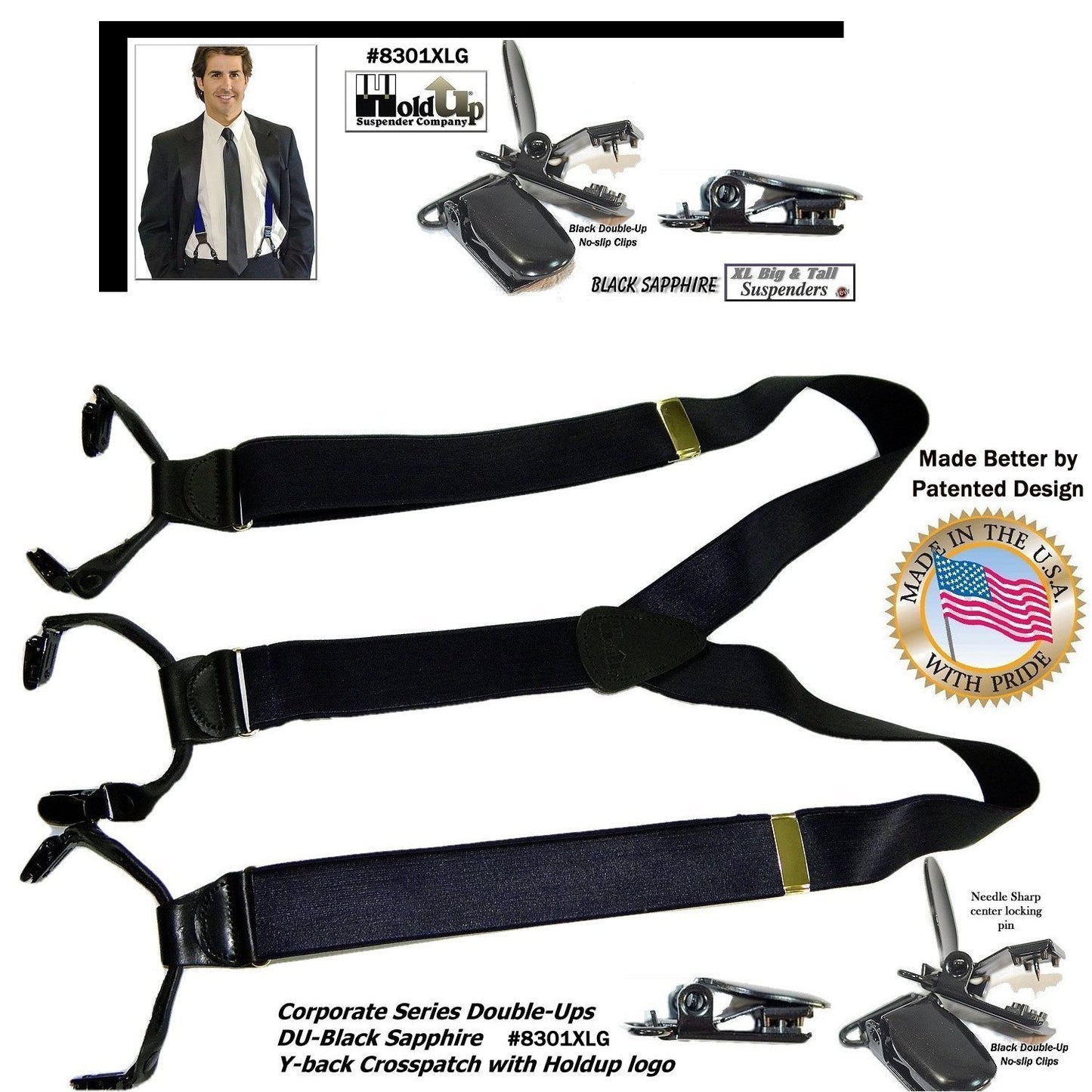 Holdup XL Corporate Series Black Sapphire Dual Clip Double-Ups style Suspenders with patented No-slip black Clips