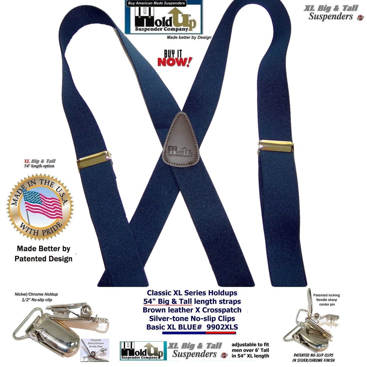 Hold Suspender Company Classic Dark Blue XL Suspenders in X-back Style with Patented silver no-slip clips