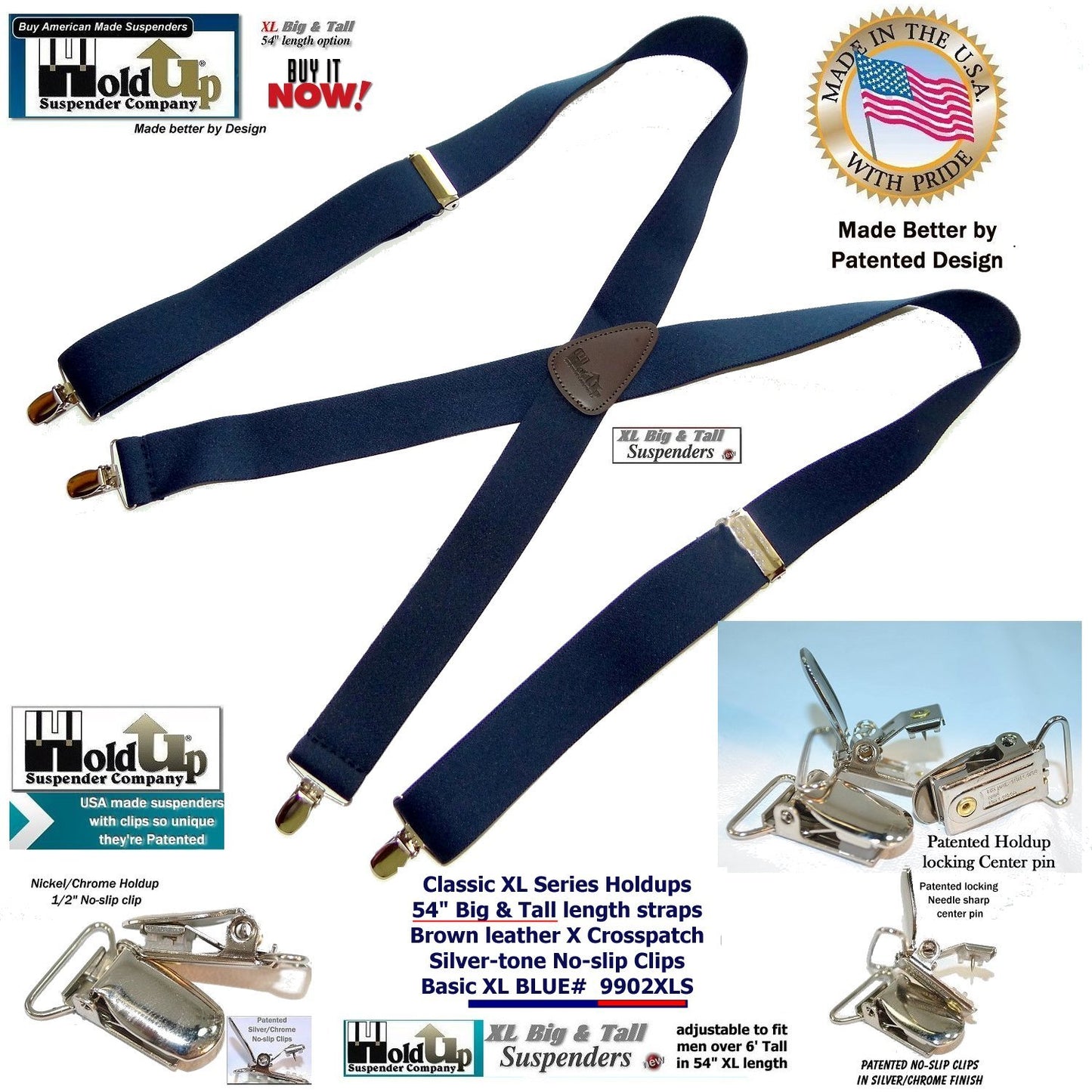 Hold Suspender Company Classic Dark Blue XL Suspenders in X-back Style with Patented silver no-slip clips