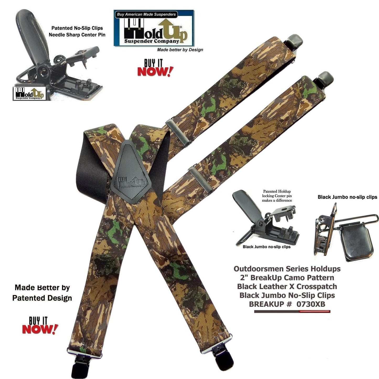 Hold-Up Trademarked Breakup Camo Pattern 2" Wide Suspenders X-Back USA Patented black No-slip Clips