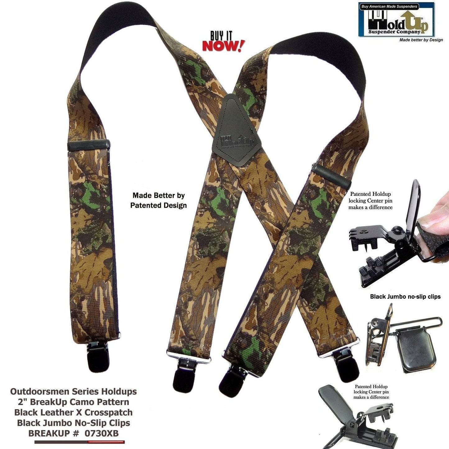 Hold-Up Trademarked Breakup Camo Pattern 2" Wide Suspenders X-Back USA Patented black No-slip Clips