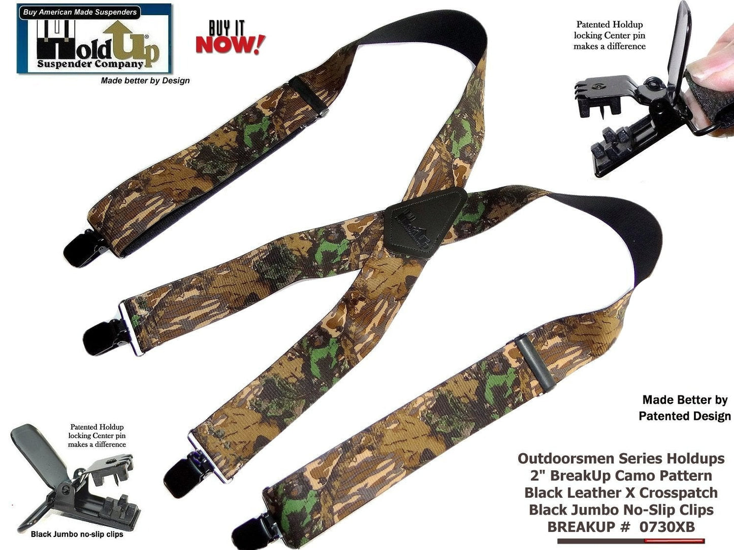 Hold-Up Trademarked Breakup Camo Pattern 2" Wide Suspenders X-Back USA Patented black No-slip Clips