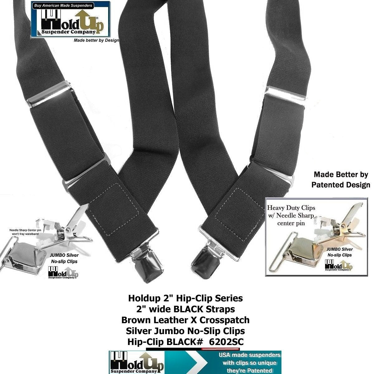 Black Heavy Duty Trucker Style 2" Wide Hip-Clip Suspenders with USA Patented silver tone no-slip jumbo clips