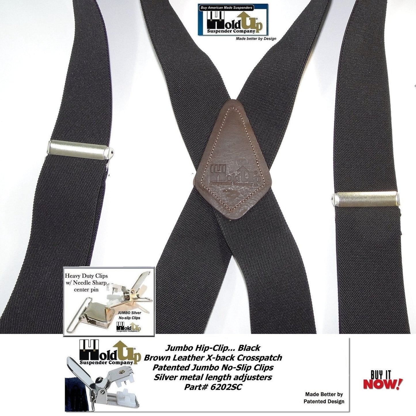 Black Heavy Duty Trucker Style 2" Wide Hip-Clip Suspenders with USA Patented silver tone no-slip jumbo clips