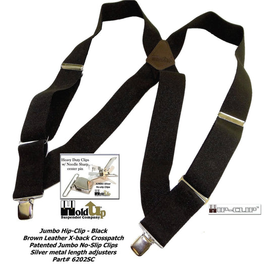 Black Heavy Duty Trucker Style 2" Wide Hip-Clip Suspenders with USA Patented silver tone no-slip jumbo clips