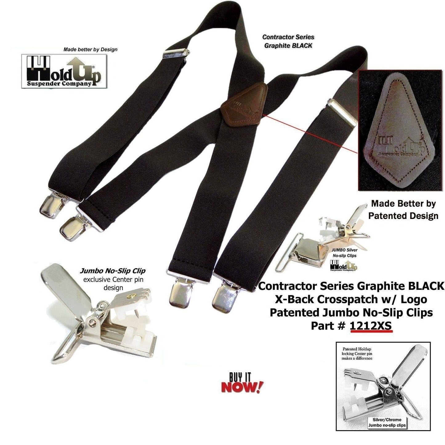 Holdup Suspenders in Wide heavy duty Graphite Black color  in X-back Style with Patented No-slip Jumbo Silver Clips