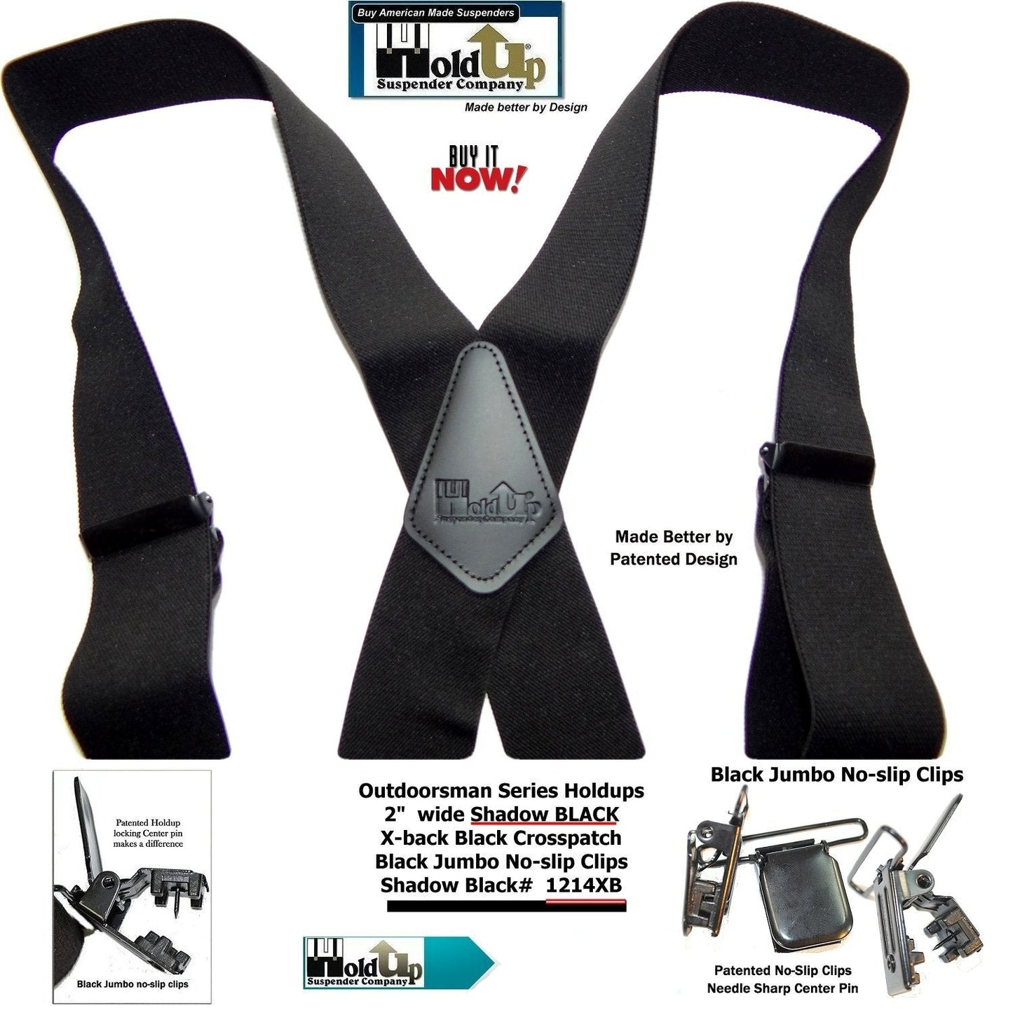 Hold-Up Brand Shadow Black Heavy Duty Work Suspenders are 2" Wide with Jumbo Black USA Patented No-slip Clips