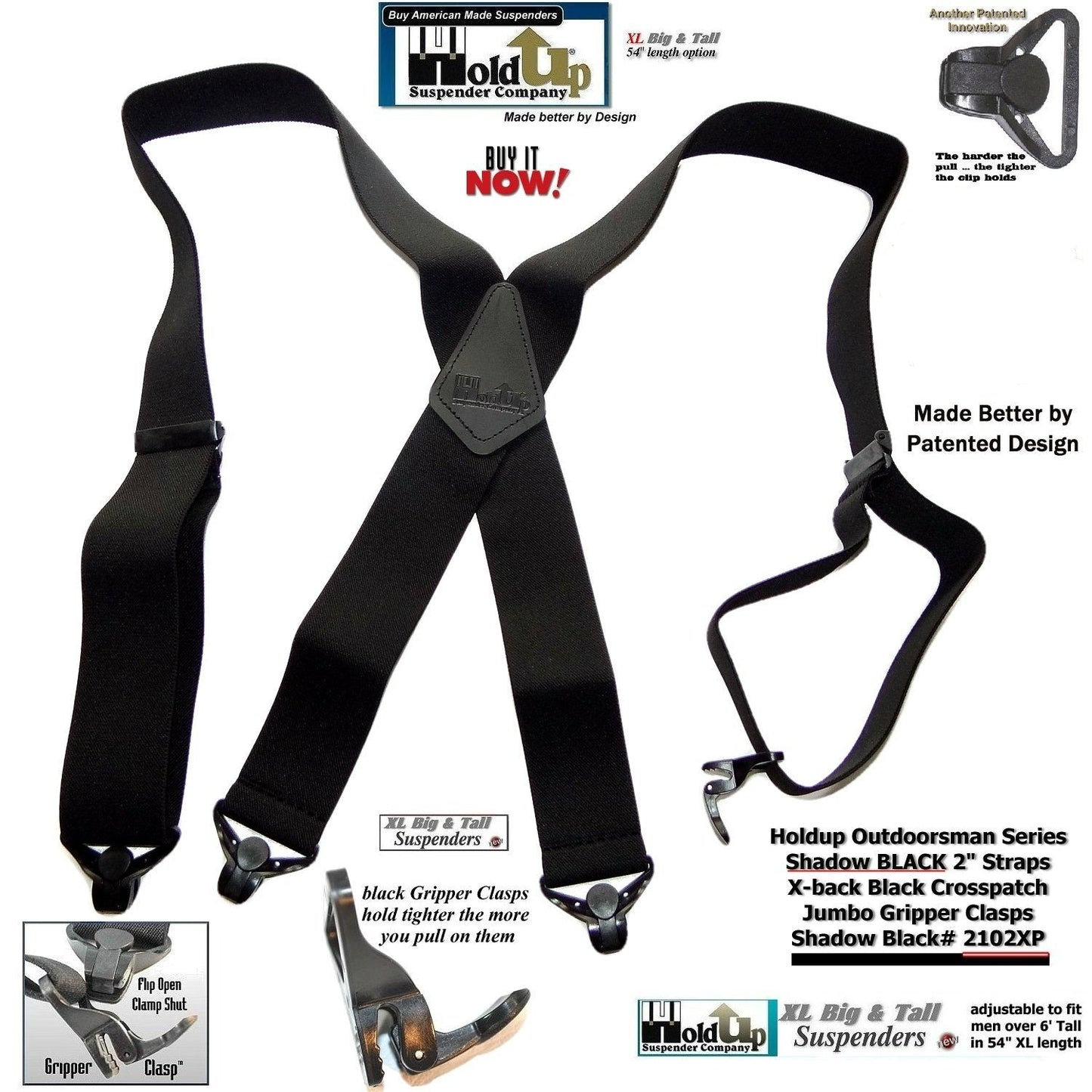 Holdup Brand XL length Shadow Black 2" wide Work Suspenders with black composite plastic Jumbo Black USA Patented Gripper Clasps